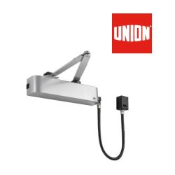 Union CE4F-E-SSS Overhead 24V Electromagnetic Hold Open / Free Swing Door Closer - Satin Stainless Steel